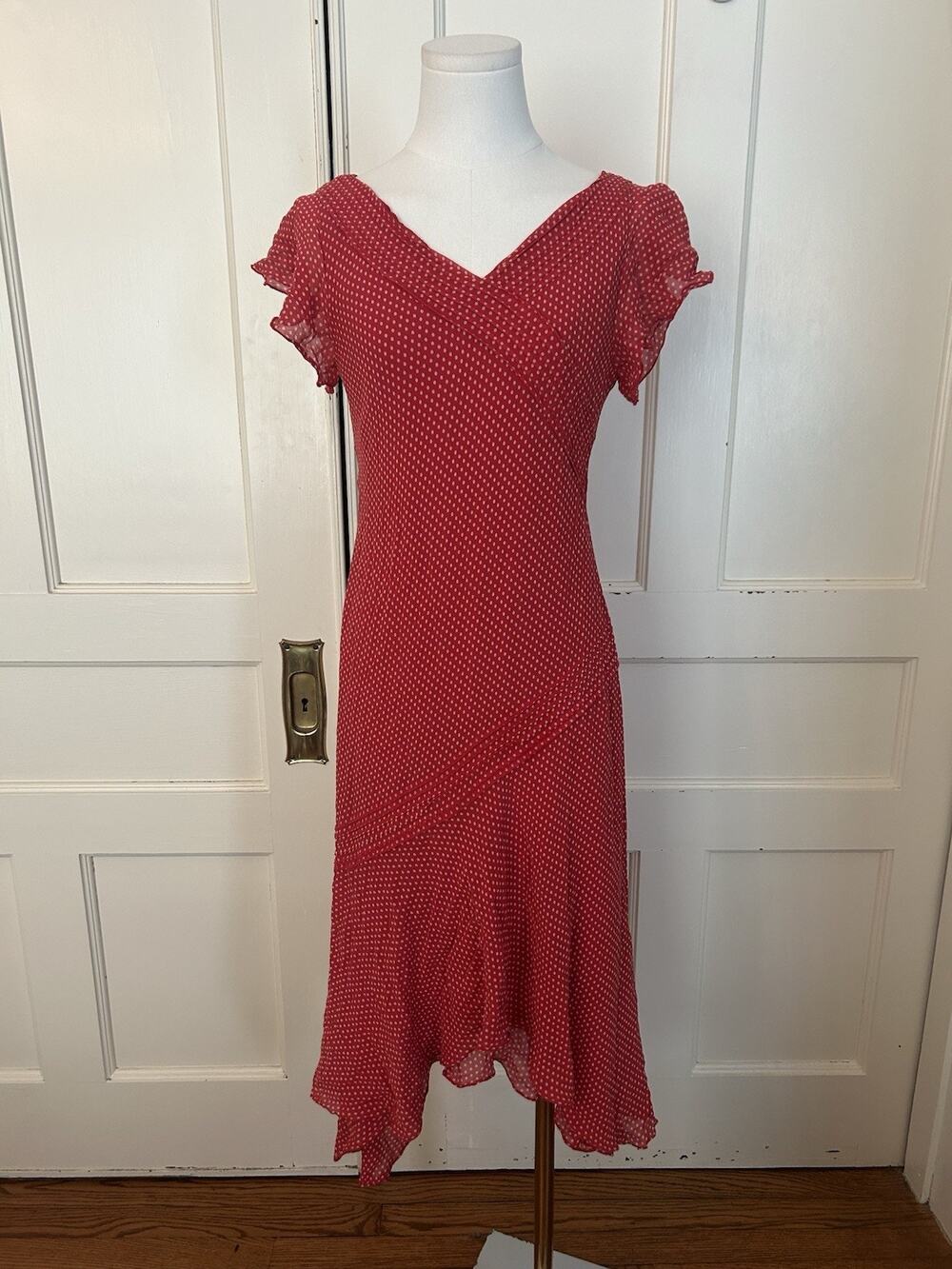 Vintage Adrianna Papell Silk Polka Dot Asymmetric Midi Dress Womens Size 10 Red